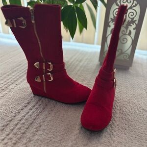 Red Suede Mid-Calf Boots with Buckle Detail